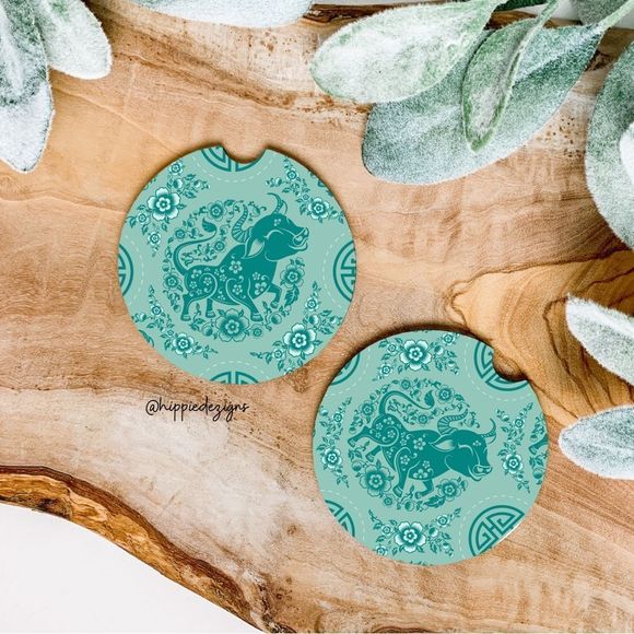 Teal Taurus Bull Car Coaster Set | Taurus Accessories - Picture 1 of 9